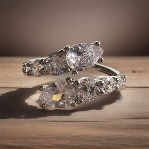 Sterling Silver CZ Wrap Cross Over Ring 925 Size 7.5 Marquise & Round Cz